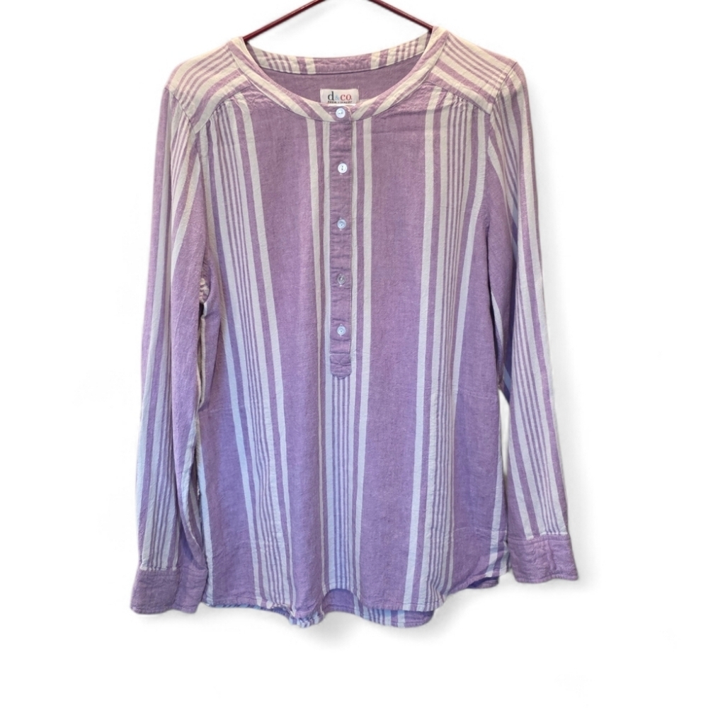 D&CO Purple Linen Blend Striped Henley Top w/ Pockets